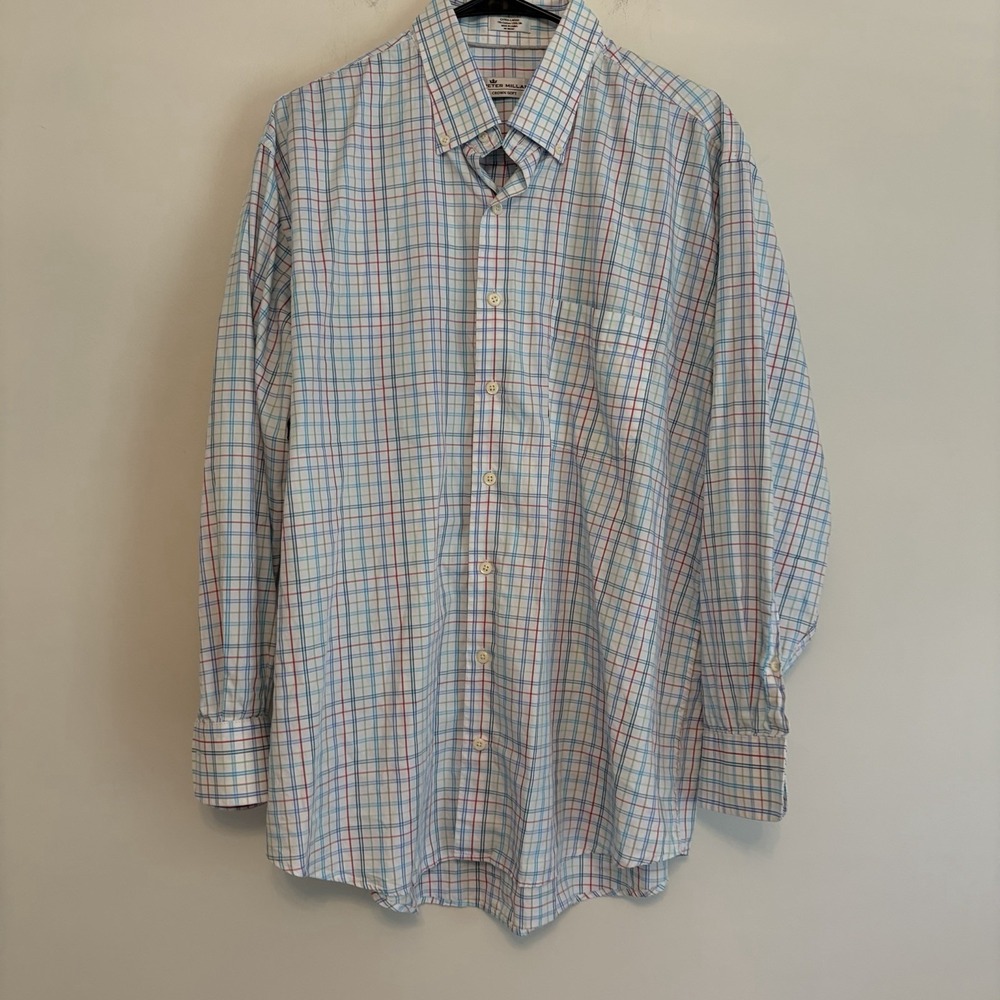 Peter Millar Crown Soft Button Down Shirt XL Checkered Silk Blend White Preppy